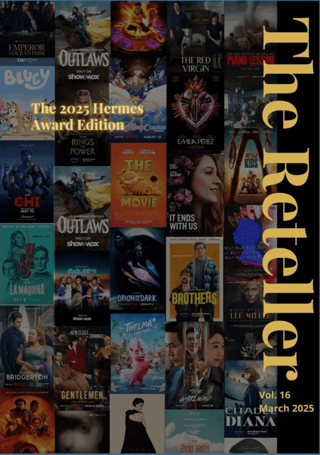 The front cover of the 'The Reteller - The 2025 Hermes Award Edition'. The Reteller wording runs down the right side of the page and the wording 'The 2025 Hermes Award Edition' in in the top left corner. The lettering is a pale orangy yellow colour. The cover itself is made up of the posters for each nominated programme or film.