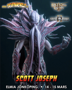 The Emperor, an Illithid or Mindflayer, from the RPG game Baldur's Gate 3. Illithids have two arms and two legs but the Emperor's skin is a pale pinky-grey. His head is elongated and slightly pointed at the top back. Where ears would be, he has exposed pink-fleshy membranes. He has prominent brows and his eyes are a piercing purply-pink and tend to almost glow. The lower part of his face has four long prehensile tentacles making his head resemble a squid. He has three fingers and a thumb on each had and his nails are long, dark and drawn into a claw like point. The Emperor is wearing impressive spiky armour that is detailed with grey ridging and fans out behind their head and shoulders. In the flier The Emperor has his left arm outstretched. Lettering on the flier consists of, top left in fiery yellow and orange coloured font 'www.scifiworld.se' Top right in the game fonts are the logos for games Voice Artist, Scott Joseph has been in 'Balder's Gate 3' & 'Space Marine 2'. Along the bottom is 'Scott Joseph - Elmia Jönköping - 14-15 Mars' in capital lettering.