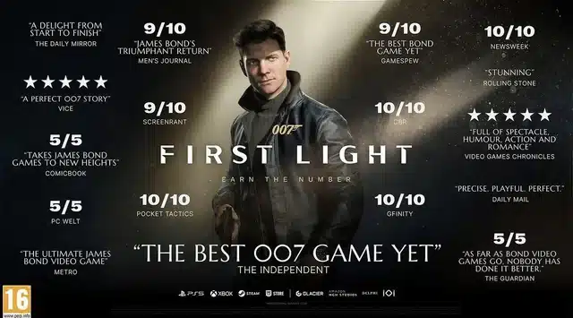 Promotional poster for the video game 007 First Light showing a young James Bond standing under dramatic spotlights with a pistol in hand, surrounded by numerous high review scores and praise quotes, with the title centered across the image.